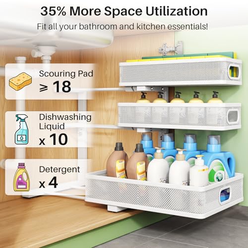 Kitstorack Under Sink Organizer, 2-Pack 3-Tier Height Adjustable Thickened Metal Pull out Cabinet Organizer Shelf