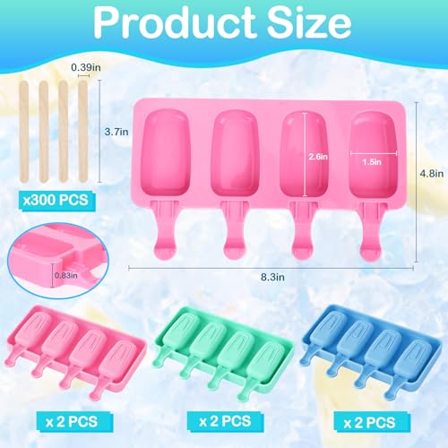 6 Set Small Silicone Popsicle Molds Ice Cream Mould 4 Cavity Ice Lolly Mold Oval Cake Pop Mould with 300 Pieces Wooden Sticks for DIY Cream Popsicle Cake, Pink Blue Green