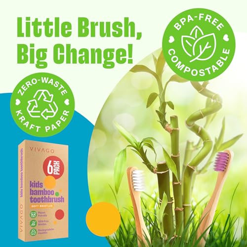 VIVAGO Kids Toothbrush with Soft Bristles 6 Pack - Toddler Toothbrush with Colorful Bamboo Handles // Kids Bamboo Toothbrushes // Kid Tooth Brush // Childrens Toothbrushes Set