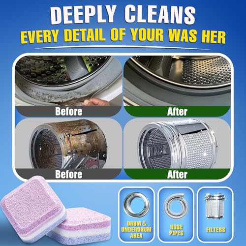 Washing Machine Cleaner Tablets 24-Pack, 3-Layer Formula Deep Cleaning, Pet Hair & Odor Removal, Residue & Build-Up Cleaner for HE, Front Load & Top Load Washers