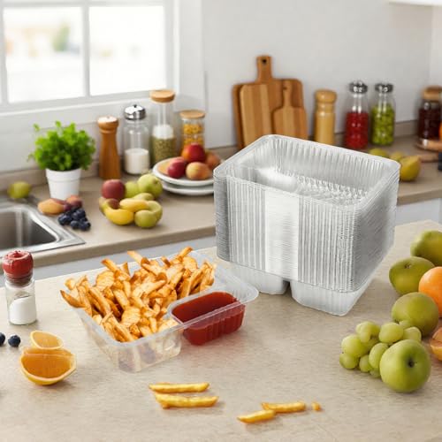 100 Pcs 12oz 6.5''x5'' Plastic Nacho Trays, Small Disposable Tray for Nachos & Cheese Dip, Clear Nacho Containers for Chip, 2 Compartment Movie Night Snack Trays Great for Snacks, Fair Foods