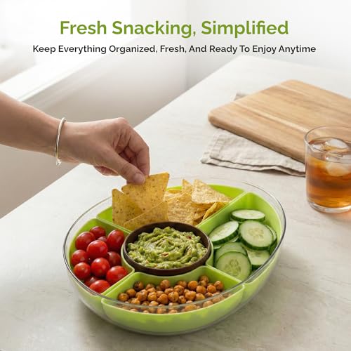 Divided Serving Tray with Lid, 5 Removable Compartments Snack & Veggie avocado shaped Tray with Center Dip Bowl, Portable Food Storage Container for Fruit, Charcuterie, Travel, Work & Parties