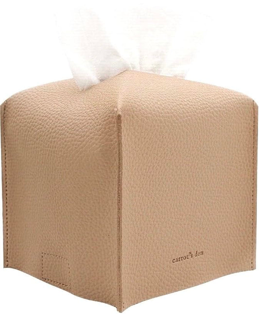 Tissue Box Cover Holder, Square with Bottom Belt by Carrot's Den - PU Leather Decorative Organizer for Tabletop, Bathroom, Car, Office | Beige