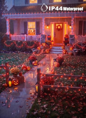 Orange LED Outdoor Halloween Lights, Halloween Decorations, 39 FT 100 LED Mini Lights with 8 Lighting Modes,Connectable String Light Plug in for