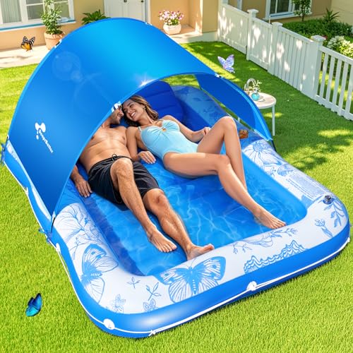 Inflatable Tanning Pool Lounger with Canopy,81"x 60" Large Tanning Floats for Adults, Butterfly Pool Lounger Float,Blow Up Tanning Water Bed with Cup&Phone Holder,Adults Tanning Pools for Backyard