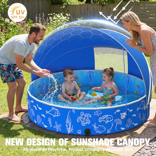 FizZeal Kiddie Pool with Canopy, 51in Foldable Toddler Pool,Pop Up Baby Pool with Shade,UPF 50+UV Portable Swimming Pool for Kids,Collapsible Baby Pool for Beach, Outdoor Toddler Pool for Backyard