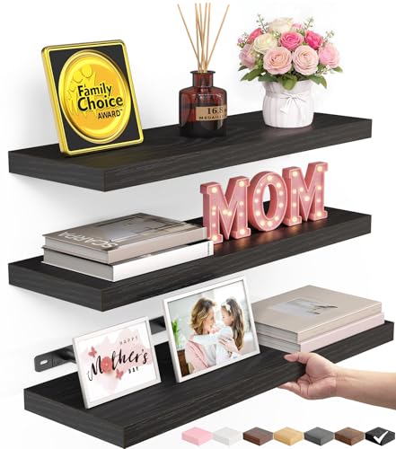 BAYKA Floating Shelves for Wall, Wall Mounted Rustic Wood Shelves for Bathroom, Bedroom, Living Room, Kitchen, Hanging Shelf for Books/Storage/Room Decor with 22lbs Capacity (Black, Set of 3, 15.7in)
