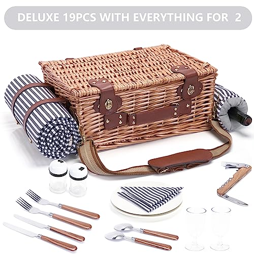Picnic Basket with Blanket and Wine Pouch for 2 Wicker Picnic Set with Insulated Liner Cooler Bag Hamper for Camping,Wedding - Stripes