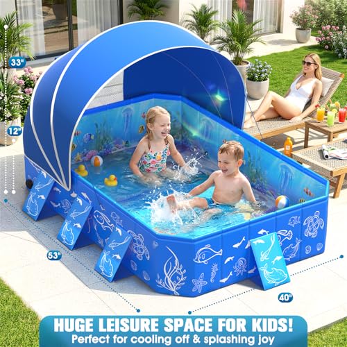 2026 Foldable Kiddie Pool with Canopy,Baby Swimming Pool for Toddler,Non-Inflatable Toddler Pool,Foldable Kiddie Pool with Shade,Kid Pool for Backyard,Pop up Kiddie Beach Pool 53''*40''*33''