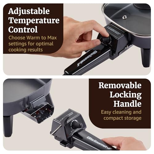 Elite Gourmet EFS059 Personal Electric Skillet, 7” Compact Portable Cooker, Adjustable Temperature, 600W Rapid Heating, Nonstick Surface, Tempered Glass Lid, Removable Handle, Black