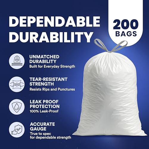 Plasticplace 8 Gallon Trash Bags -White Drawstring Garbage Can Liners - 200 Count - Leak-Resistant and Tear-Proof for Kitchen, Bathroom, Office, and Small Trash Cans 0.7 Mil