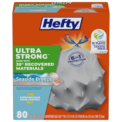 Hefty Ultra Strong 13 Gallon Trash Bags, Tall Kitchen Trash Bags Made with Recovered Materials, Including Coastal Plastic, Drawstring, Resists Leaks and Punctures, Gray, Seaside Breeze Scent, 80 Bags