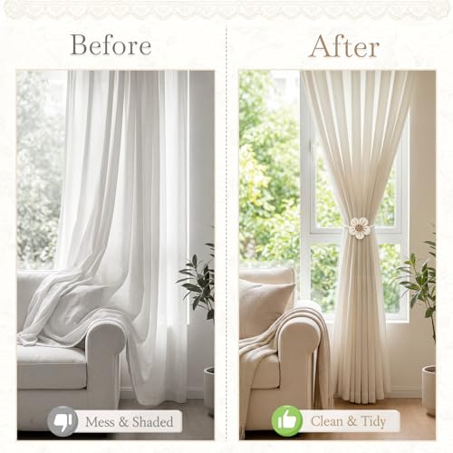 VIS'V Magnetic Curtain Tiebacks, Boho Flower Curtain Holdbacks, Cream, 2 Pcs