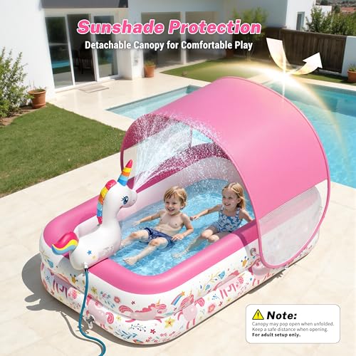 JOSEN Unicorn Kiddie Pool with Canopy and Sprinkler, Inflatable Baby Pool with Soft Cushioned Floor, Portable Toddler Pool Ball Pit for Backyard, Outdoor/Indoor Play Toys Girls Birthday Gift(Pink)