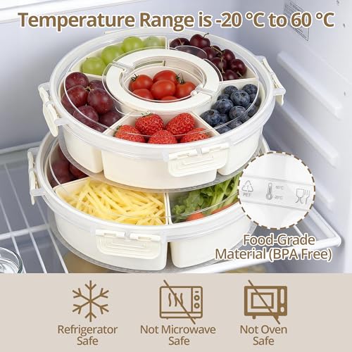 2 Packs Divided Serving Tray with Lid and Handle, Portable Round Snackle Box Container with 6 Compartments, Snack Bento Box for Party, Picnic, Travel, Beige