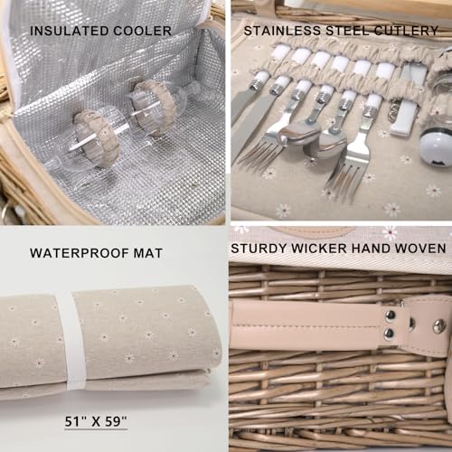 Multifunctional Wicker Picnic Basket Set for 2 with Blanket and Picnic Table, Insulated Picnic Set with Full Tablewares for Camping Outdoor Couples, Flowers