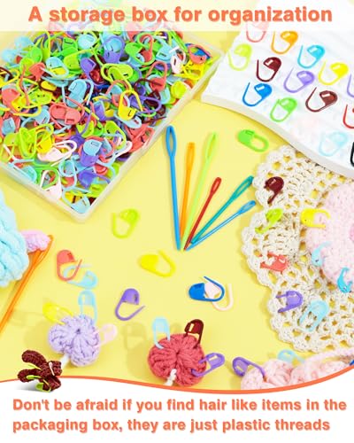 300pcs Fiveizero Stitch Markers with 6 pieces of large blunt sewing needles, colorful knitting markers, plastic crochet hook clip