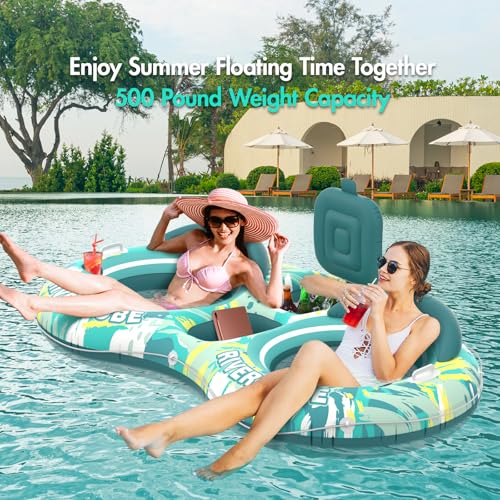 Sunikko X 5-in-1 Pool Floats Adult Heavy Duty River Tube, 2 Person Water Lounge Tanning Pool with Backrests, Built-in Cooler, Cup Holders, Deluxe Pool Toys for Summer Relaxation