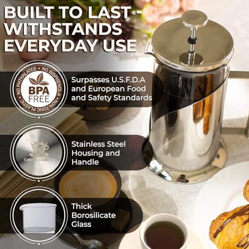 Cafe Du Chateau Stainless Steel French Press Coffee Maker 34 oz - Easy to Use Insulated Coffee Press with 4-Level Filtration, Manual Brewer for Tea, Camping & Travel with BPA Free, Durable Clear Glass