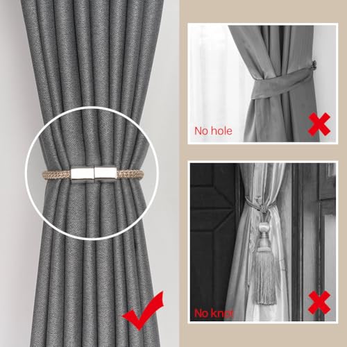 NICEEC 4 Pack Mini Magnetic Curtain Tiebacks Modern Simple Style Drape Tie Backs Elegant Hand Weave Rope Knot Decorative Curtain Holdbacks for Home & Office Window Drapery (Beige)