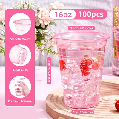 KesaPlan 100 Pack Pink Plastic Party Cups, 16 oz Disposable Wine Glasses, Pink Clear Drinking Cup for Cocktail, Disposable Cups for Birthday Wedding Valentine's Galentine's Day Bachelorette Party