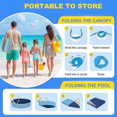 Kiddie Pool with Canopy, Large Foldable Pool with Detachable UPF 50+ Sunshade, 48in Pool Beach Essentials Tent Swimming Pool Dog Pool with Shade, Portable for Outdoor Backyard Beach