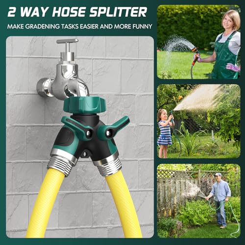 2 Way Garden Hose Splitter with Shut Off Valve,Water Spigot Splitter for 3/4" Hose Connector,Heavy Duty Metal Outdoor Faucet Splitter Y Connector for Garden Hose,with 3 Leakproof Washers & 1 tape