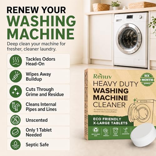 Renuv® Heavy Duty Washing Machine Cleaner Descaler Tablets - for Front Load, Top Load Washer, HE (6 XL Tablets - 6 Months Supply)