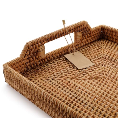 Hand-Woven Rattan Rectangular Serving Tray with Handles for Breakfast, Drinks, Snack for Coffee Table (17x11.4x1.8inches)