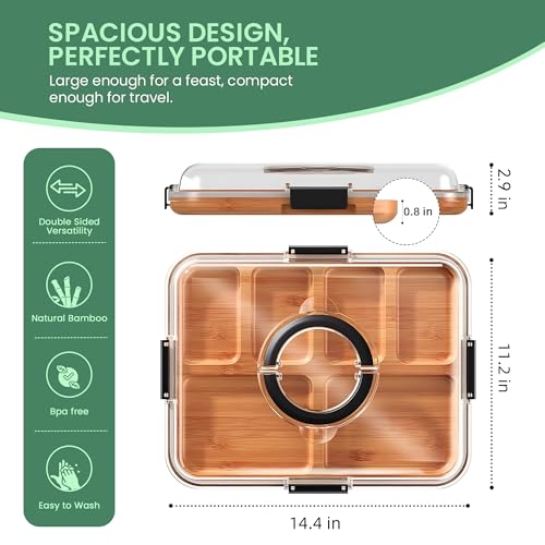 Bamboo Charcuterie Board with Clear Lid, Portable Serving Tray with Handles and Compartments, Cheese Board & Snack Platter for Parties, Travel & Entertaining.