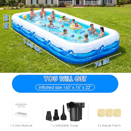 Extra Large Inflatable Pool for Adults, 165"x76"x22" Full-Sized Blow Up Pool with 0.6mm PVC & Cute Animal Print, Big Family Swimming Pool for Backyard Outdoor Summer Water Party