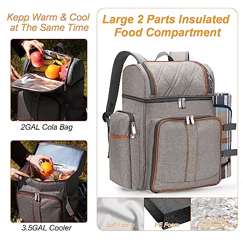 Picnic Backpack for 4, Picnic Basket Set, Leakproof Picnic Bag, Beach Cooler Backpack with Insulated Cooler Wine Pouch,Picnic Blanket, Double Deck Picnic Backpack for Beach,Camping,Park(BrushedKhaki)