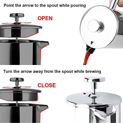 Secura French Press Coffee Maker, 304 Grade Stainless Steel Insulated Coffee Press with 2 Extra Screens, 12oz (0.35 Litre), Silver