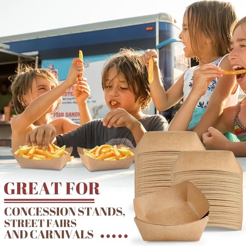 Ocmoiy 1lb Paper Food Trays, 100 Pack Heavy Duty Kraft Food Boats Holders Disposable Serving Basket Trays for Nachos, Fries, BBQ, Festivals, Party