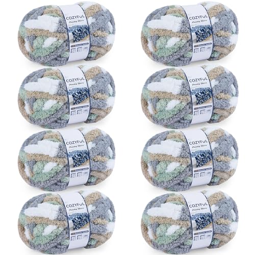 Cozyful Chunky Yarn for Hand Knitting - #10 Chunky Chenille Blanket Yarn, Jumbo Big Thick Chunky Yarns for Crocheting, Tie Dye Bulky Knit Yarns, 8 Skein (20 yds 8 oz Each Skein), Cream&Sage&Grey&Khaki