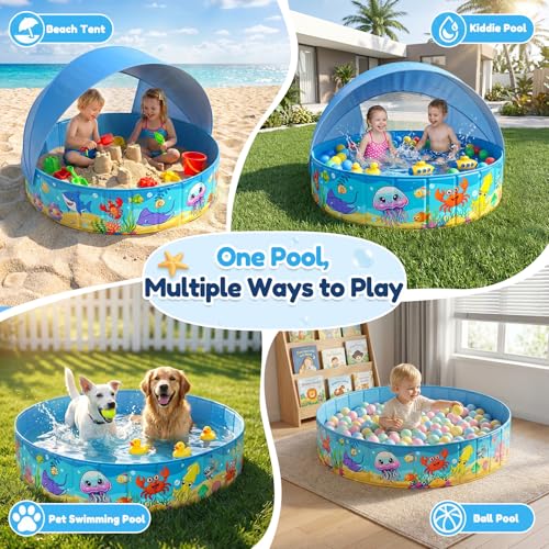 Foldable Kiddie Pool with Canopy 47IN Toddler Baby Pool with Detachable UPF 50+ Shade, Carry Bag Hard Plastic Foldable Swimming Pool Portable Summer Water Play Pool for Outdoor Backyard Beach