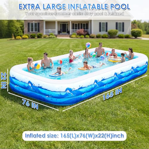 Extra Large Inflatable Pool for Adults, 165"x76"x22" Full-Sized Blow Up Pool with 0.6mm PVC & Cute Animal Print, Big Family Swimming Pool for Backyard Outdoor Summer Water Party