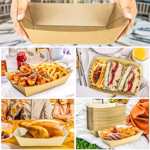 100 Pack 5LB Extra Large Paper Food Boats Trays Disposable Paper Boat, Heavy Duty Kraft Food Serving Tray Boat Basket for Snack Popcorn Sandwich Burger Taco BBQ Dessert Fries Nacho