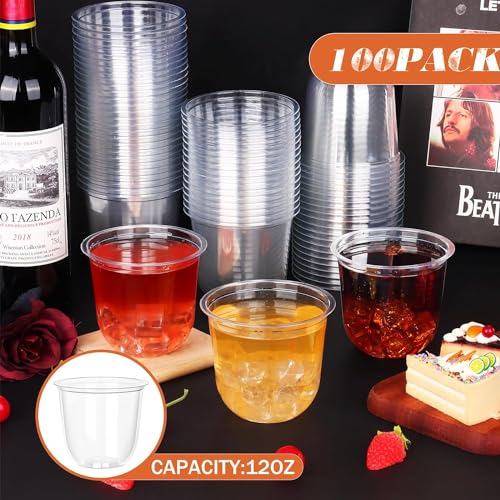 KesaPlan 100 Pcs Disposable Stemless Glasses 12oz Crystal Plastic Wine Glasses Clear Classic Cup for Meeting Weddings Birthdays Cocktail Christmas Party Supplies