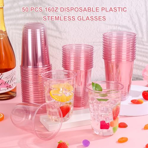 KesaPlan 50 Pcs Pink Plastic Cups, 16oz Disposable Stemless Wine Glasses Pink Clear Drinking Cup for Party Plastic Disposable Cup for Cocktail Party Wedding Birthday Valentine's Galentine's Day