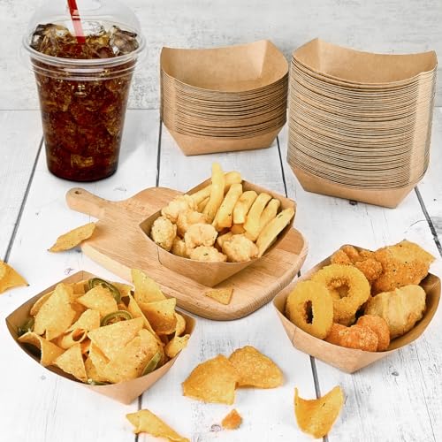 Ocmoiy 1lb Paper Food Trays, 100 Pack Heavy Duty Kraft Food Boats Holders Disposable Serving Basket Trays for Nachos, Fries, BBQ, Festivals, Party