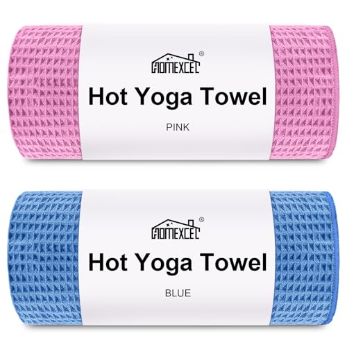 HOMEXCEL Hot Yoga Towels 2 Pack, (26.5" x 72") Non-Slip & Ultra-Absorbent Microfiber Yoga Mat Towels for Hot Yoga, Pilates, Exercise, Fitness, Bikram and Workout, Blue/Pink