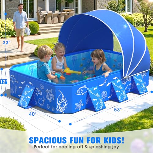 2026 Kiddie Pool with Canopy,Baby Swimming Pool for Toddler,Non-Inflatable Portable Pool for Kids,Foldable Toddler Pool with Shade,Kiddie Pool for Backyard,Pop Up Baby Beach Pool 53''×40''×33''