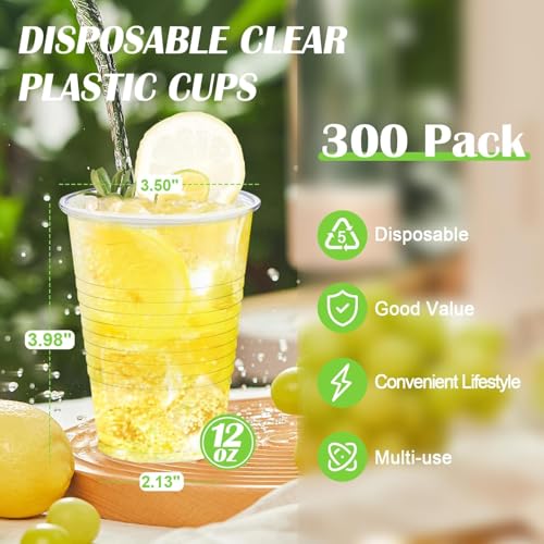 Lamosi 300 Pack 12 oz Clear Plastic Cups,12 Ounce Disposable Cold Drinking Cups for Party, Picnic, BBQ, Travel, Christmas, Events