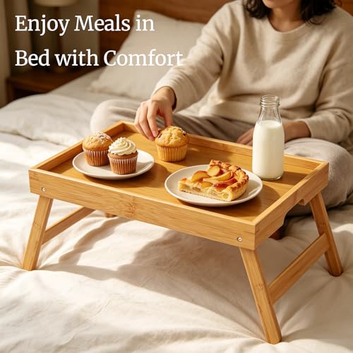 Fibogollo 2 Pack Bamboo Bed Tray Table with Folding Legs,Breakfast Trays,Serving Tray for Food and Snack,Laptop Trays for Working(Natural)