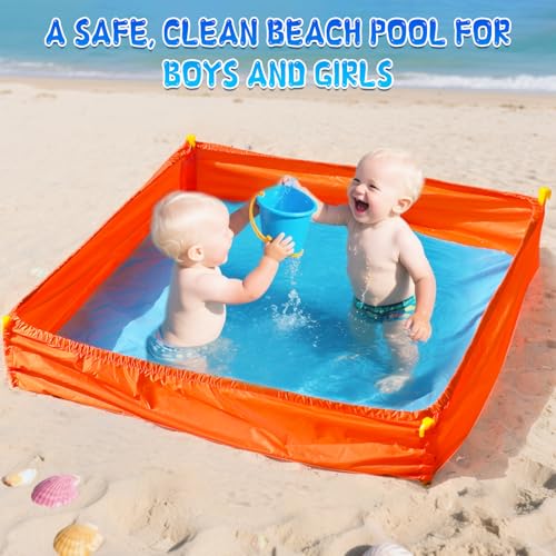 MUOUAKATE 3.3 X 3.3 Ft Portable Beach Square Puddle, Foldable Beach Pool for Boys Girls Ages 2 3 4 5 6 7 8, Upgrade Beach Essentials with Carrying Bag, No Need to Dig Holes and inflate