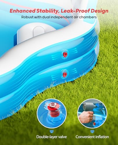 QPAU Inflatable Swimming Pool with 2 Seats and Backrests, 80" L x 80" W x 16.5" D Large Full-Sized Family Pools for Kids and Adults for Backyard, Garden, Outdoors, Clear Blue