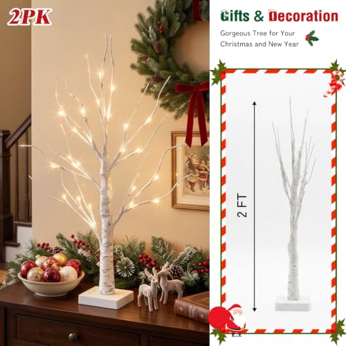 PEIDUO Christmas Decorations, 2FT Birch Tree with LED Lights, Warm White Light up Tree Lamp, Artificial Trees for Home Table Inside, Battery Powered
