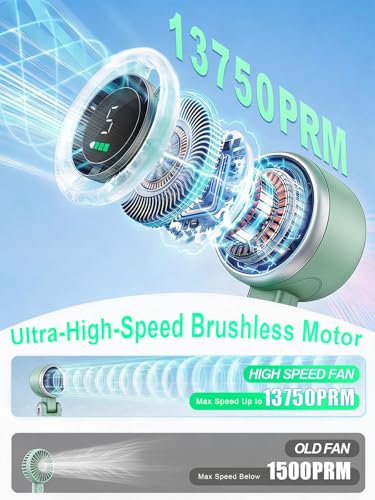 Portable Handheld Turbo Fan, 5 Gear Wind, Battery Operated, Up to 13 Working Hours Rechargeable Fan, 3 IN 1 Hand Fans with Air Turbo Tech Cooling Fan for for Travel, Beach, Outdoor - Green