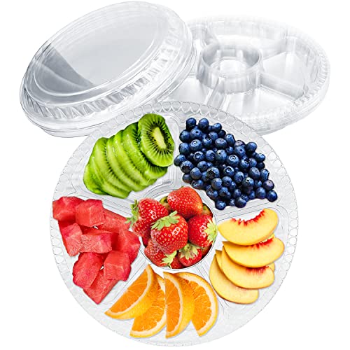 Tiaiidi 12 Pack Plastic Appetizer Trays with Lids,Disposable Compartment Serving Platters,6 Sectional Catering Trays for Serving Food